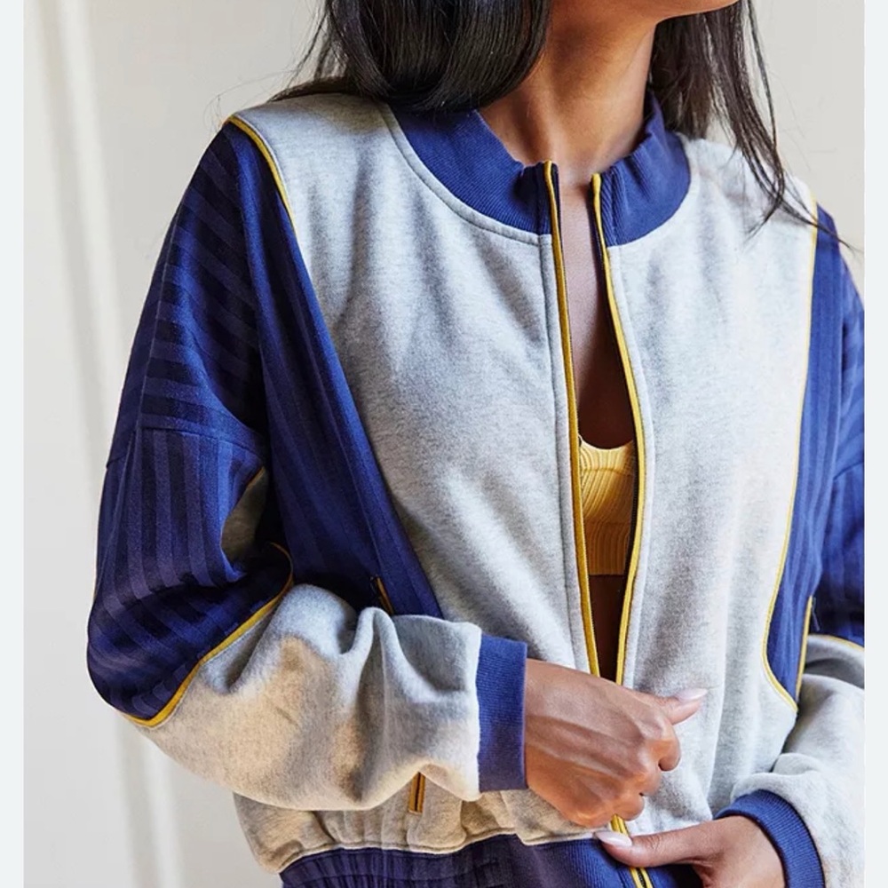 Urban Outfitters Color Block Streetwear Track Jacket Size Small Navy Gray Gold